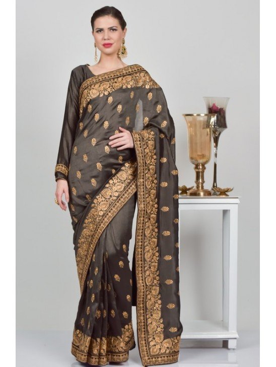 Choco Brown Embroidered Designer Saree