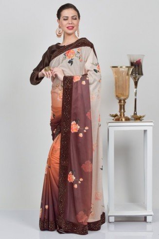 Brown Floral Printed Designer Saree