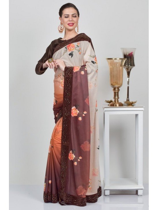 Brown Floral Printed Designer Saree