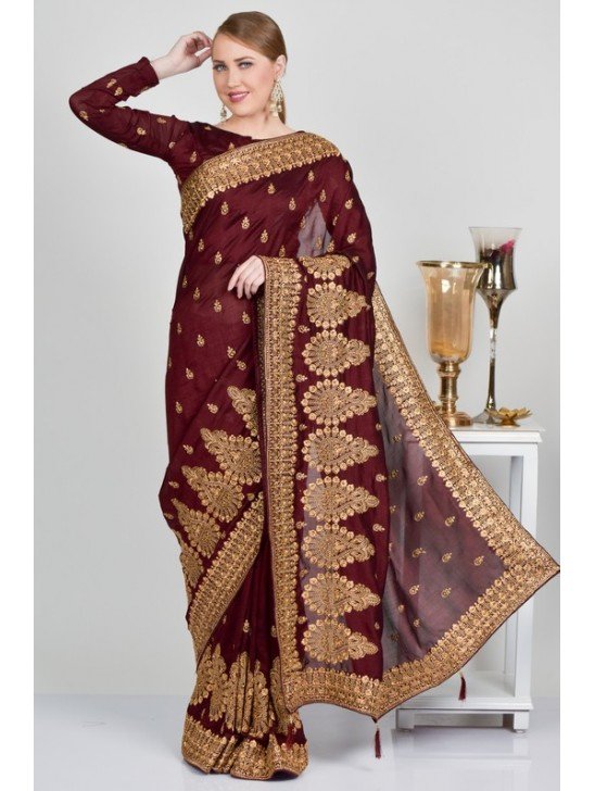Maroon Embroidered Bollywood Style Readymade Saree