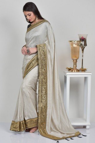 Plain Steel Grey Indian Designer Saree
