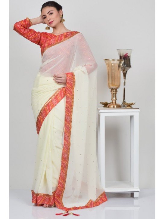 Cream & Orange Georgette Casual Saree