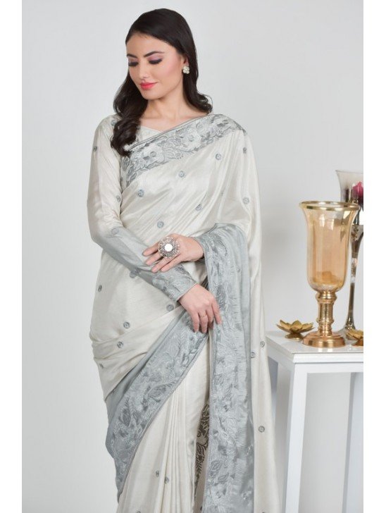 Light Grey Embroidered Punjabi Stylish Saree