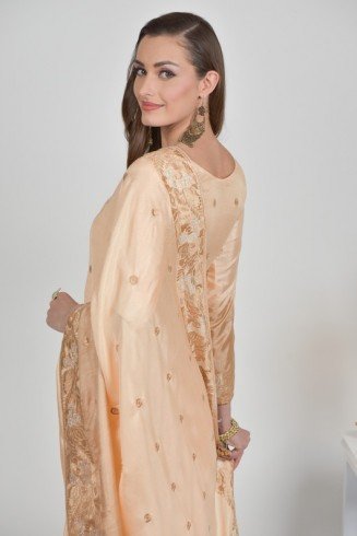 Beige Pakistani Designer Silk Saree