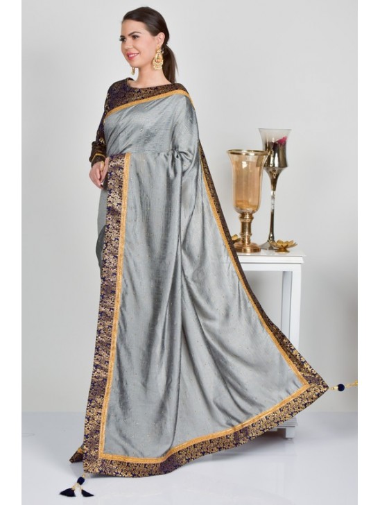 Silver Grey & Navy Blue Designer Saree