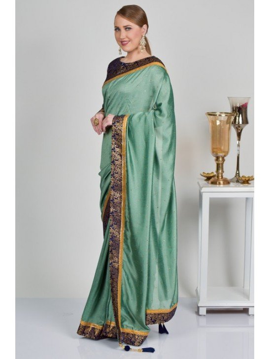 Mint & Navy Blue Ethnic Traditional Saree