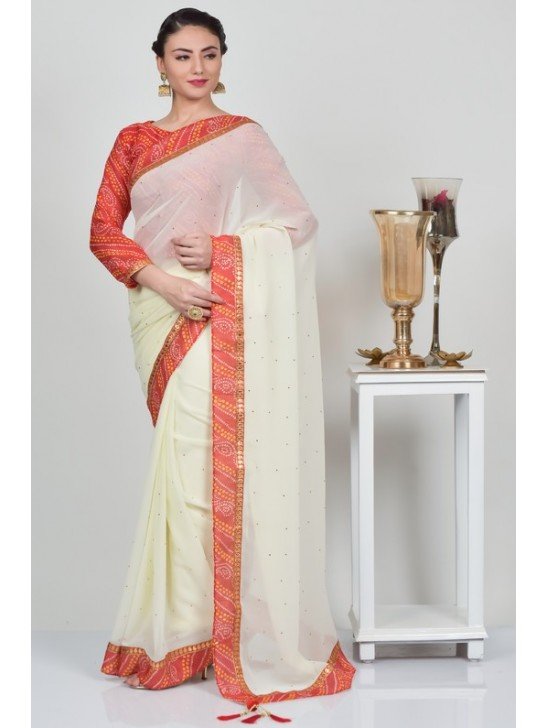 Cream & Orange Georgette Casual Saree