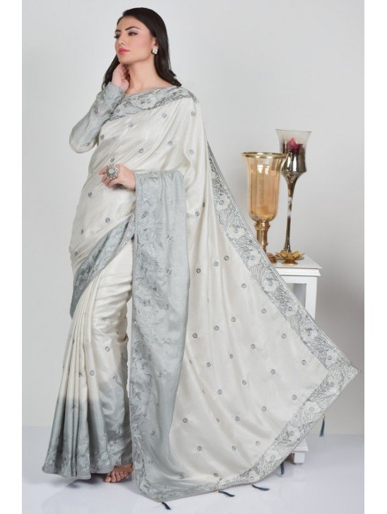 Light Grey Embroidered Punjabi Stylish Saree