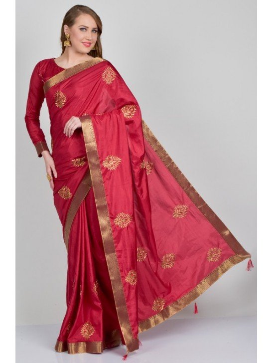 Maroon Embroidered Designer Silk Saree