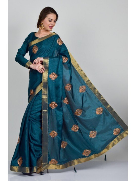 Teal Blue Silk Embroidered Wedding Saree