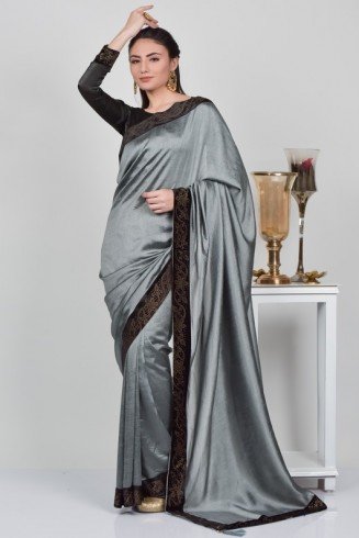Grey Designer Saree With Black Blouse