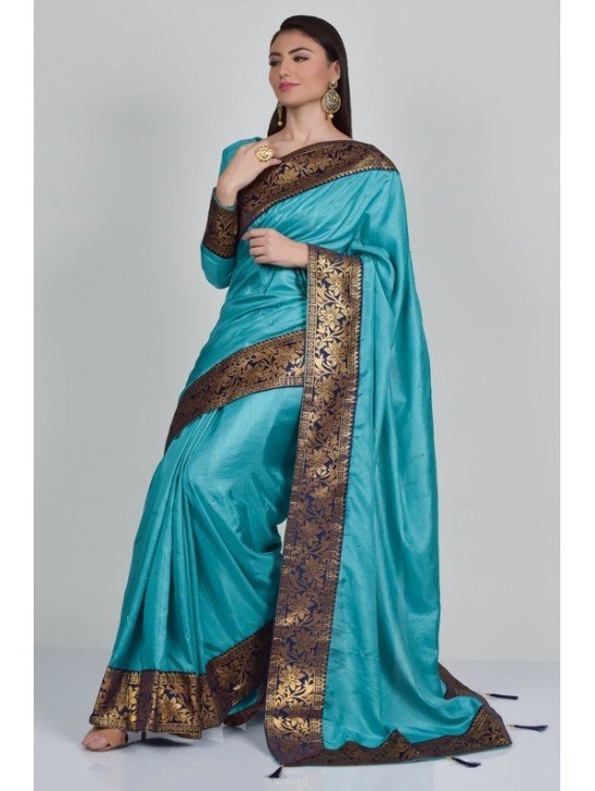 Ferozi Silk Casual Indian Brocade Border Saree