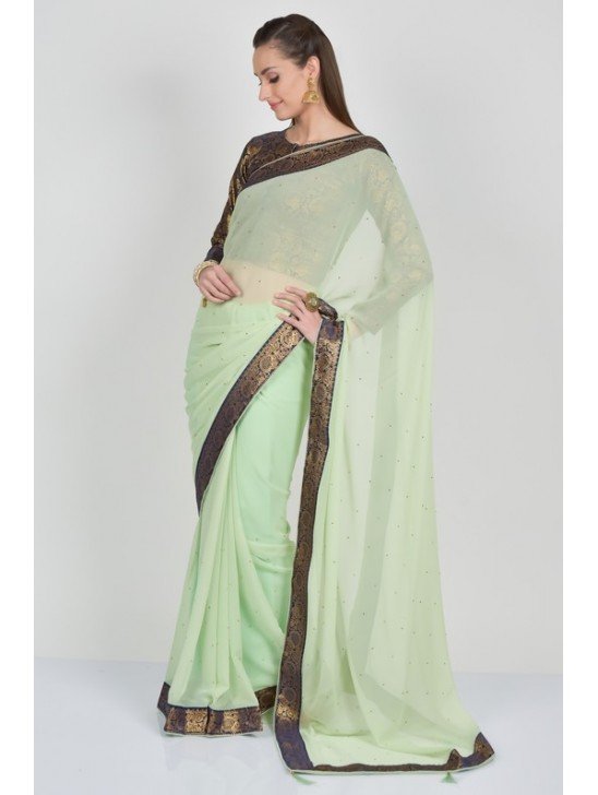 Gorgeous Pista Saree With Brocade Blouse