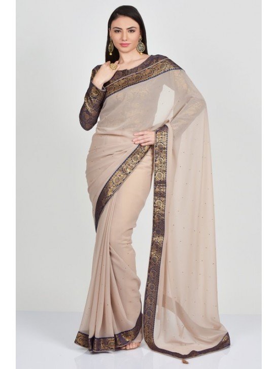 Beige Brocade Blouse & Border Designer Saree