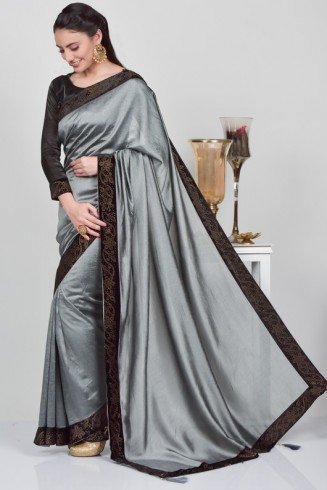 Grey Designer Saree With Black Blouse