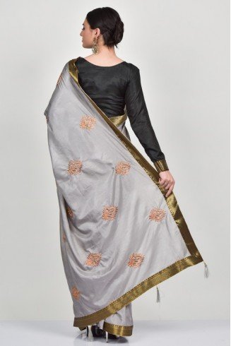 Grey Silk Embroidered Festive Saree
