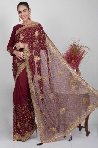 Maroon Designer Embroidered Jaal Stylish Wedding Saree