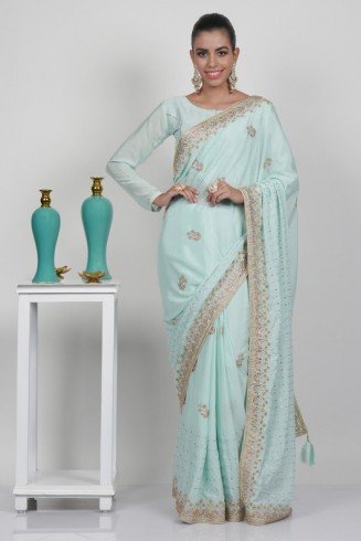 Elegant Mint Embroidered Wedding Wear Indian Fancy Saree