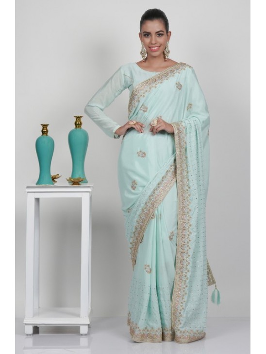 Elegant Mint Embroidered Wedding Wear Indian Fancy Saree