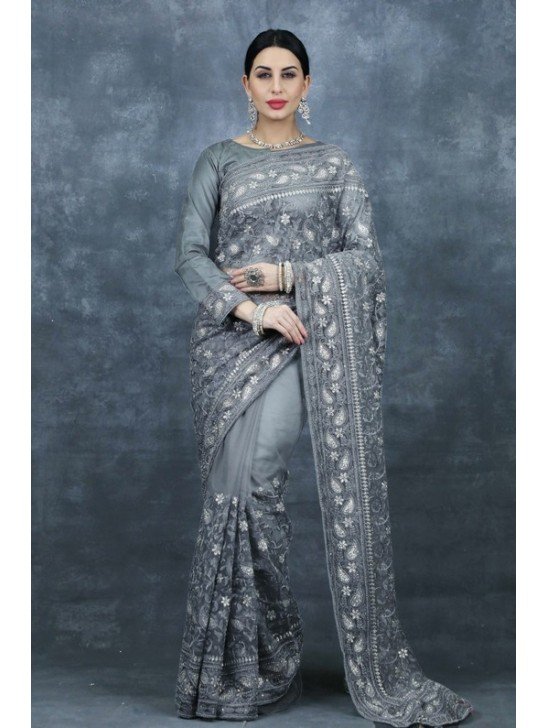 Dark Grey Heavy Embroidered Bridal Saree