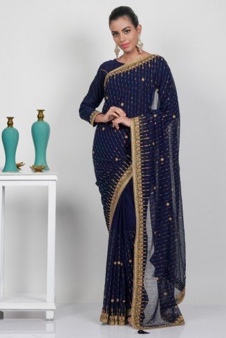 Navy Blue Indian Embellished Party Saree