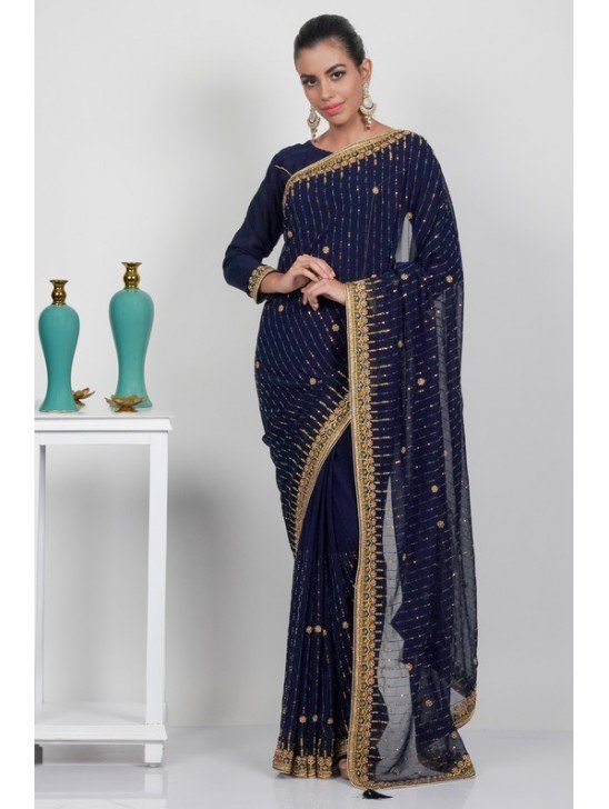 Navy Blue Indian Embellished Party Saree