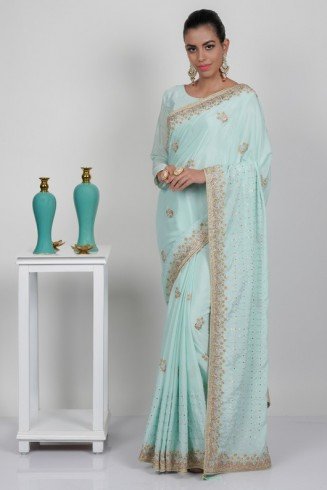 Elegant Mint Embroidered Wedding Wear Indian Fancy Saree