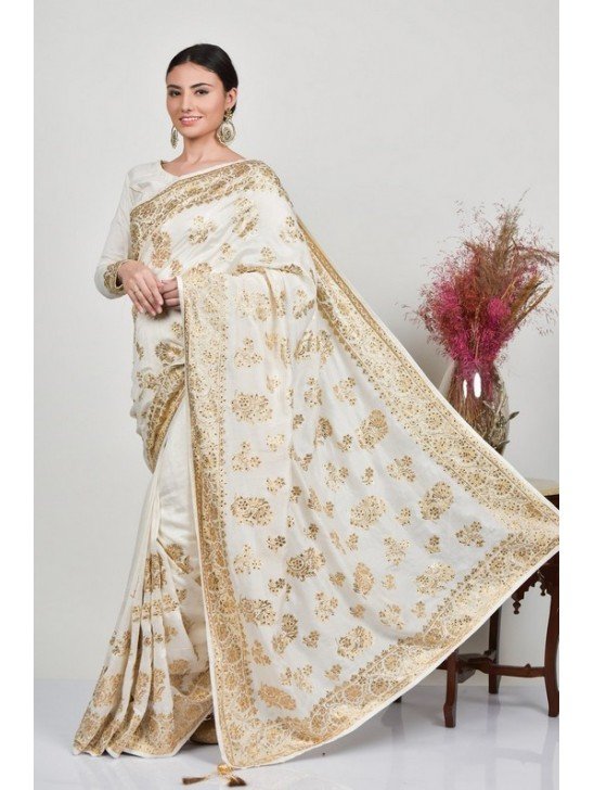 Off White Embellished Indian Wedding Saree