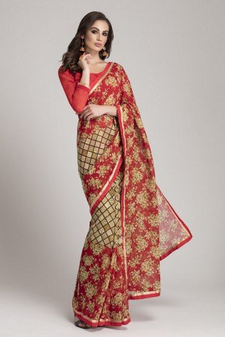 GORGEOUS RED AND BEIGE GEORGETTE INDIAN SAREE