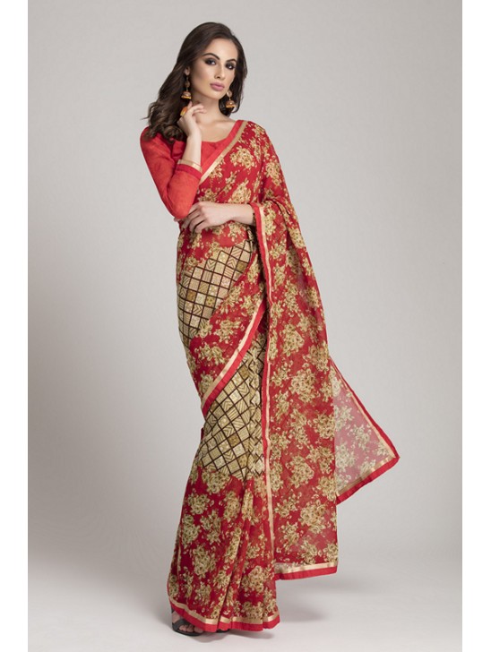 GORGEOUS RED AND BEIGE GEORGETTE INDIAN SAREE