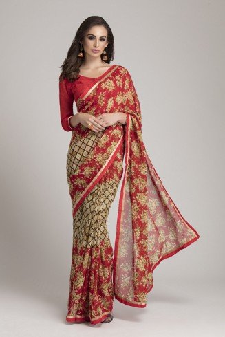 GORGEOUS RED AND BEIGE GEORGETTE INDIAN SAREE