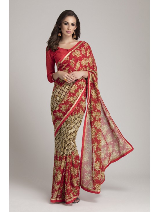 GORGEOUS RED AND BEIGE GEORGETTE INDIAN SAREE