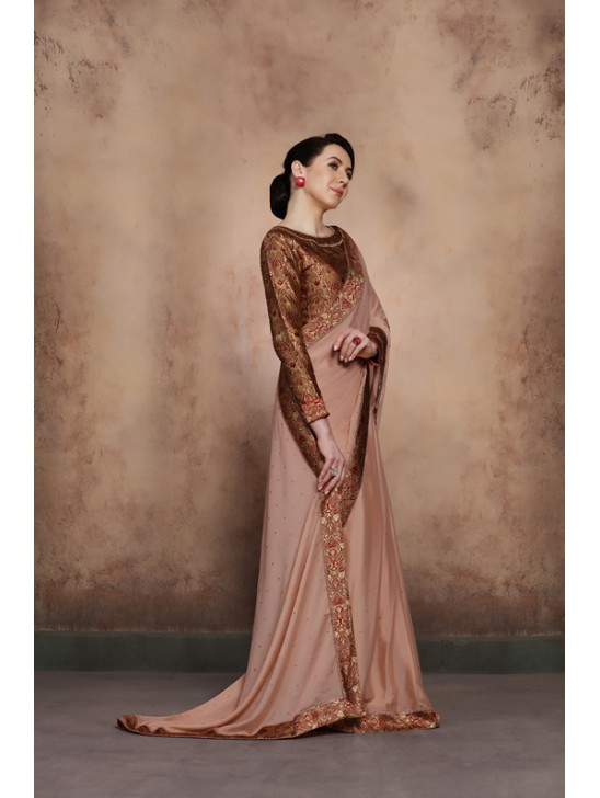 ZACS-605 BEIGE BEAUTIFUL BROCADE BLOUSE INDIAN PARTY WEAR SAREE