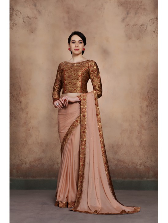 ZACS-605 BEIGE BEAUTIFUL BROCADE BLOUSE INDIAN PARTY WEAR SAREE