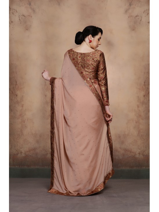 ZACS-605 BEIGE BEAUTIFUL BROCADE BLOUSE INDIAN PARTY WEAR SAREE