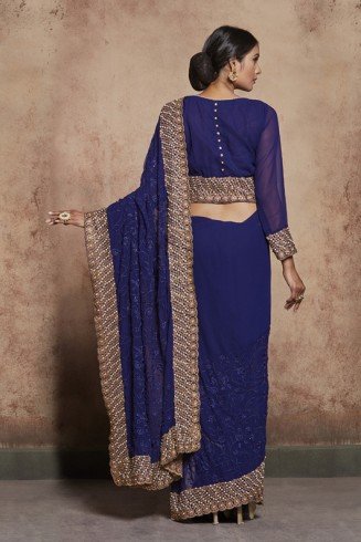 ZACS-603 NAVY BLUE THREAD WORK AND DIAMANTE EMBROIDERED INDIAN TRADITIONAL SAREE