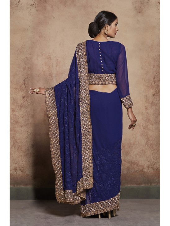 ZACS-603 NAVY BLUE THREAD WORK AND DIAMANTE EMBROIDERED INDIAN TRADITIONAL SAREE