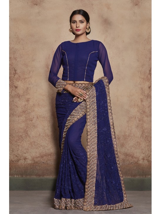 ZACS-603 NAVY BLUE THREAD WORK AND DIAMANTE EMBROIDERED INDIAN TRADITIONAL SAREE