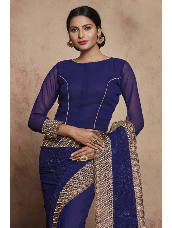 ZACS-603 NAVY BLUE THREAD WORK AND DIAMANTE EMBROIDERED INDIAN TRADITIONAL SAREE