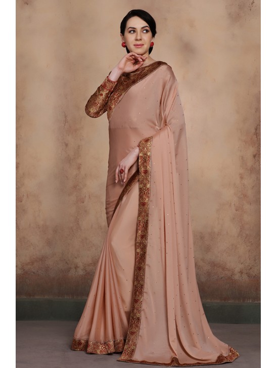 ZACS-605 BEIGE BEAUTIFUL BROCADE BLOUSE INDIAN PARTY WEAR SAREE