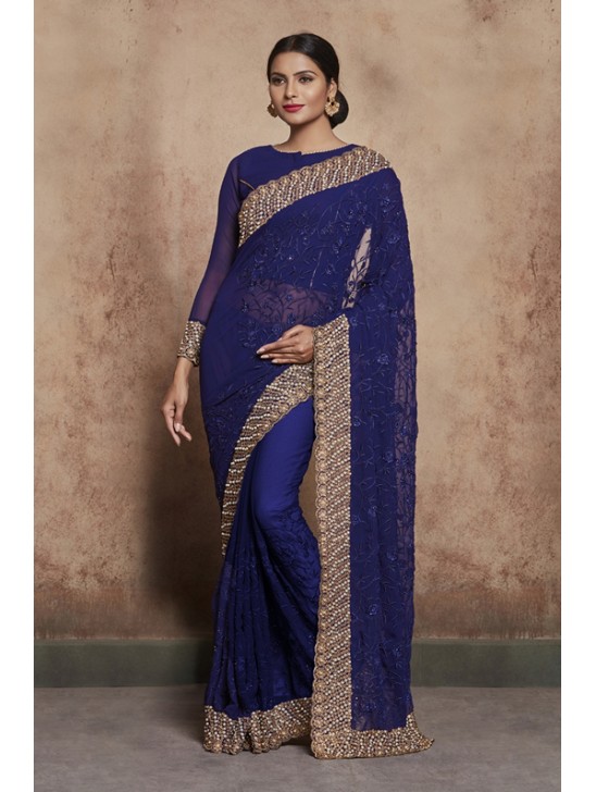 ZACS-603 NAVY BLUE THREAD WORK AND DIAMANTE EMBROIDERED INDIAN TRADITIONAL SAREE