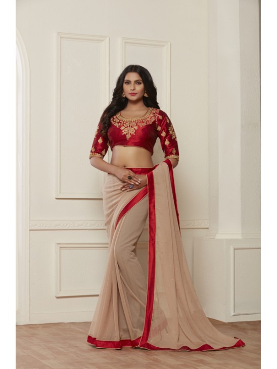 STUNNING NUDE SHADE SHIMMER BEIGE READY MADE SAREE