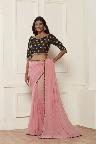ZACS-610 PINK AND BLACK CONTRAST MATCHING BLOUSE READY MADE SAREE