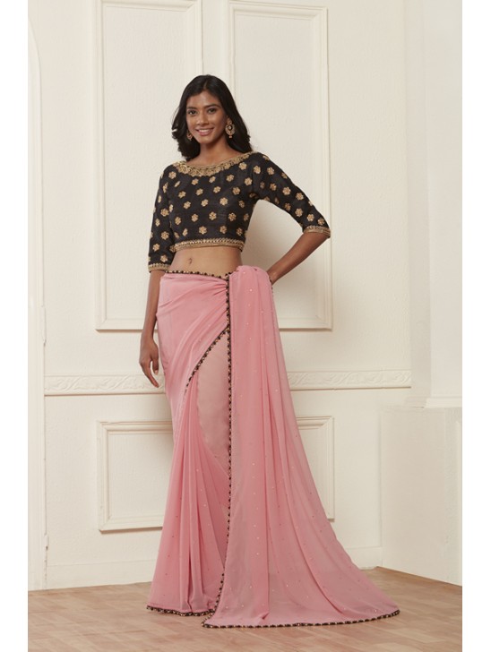 ZACS-610 PINK AND BLACK CONTRAST MATCHING BLOUSE READY MADE SAREE