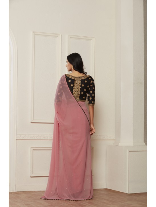 ZACS-610 PINK AND BLACK CONTRAST MATCHING BLOUSE READY MADE SAREE