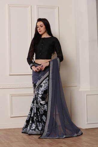 ZACS-608 STUNNING BLACK AND GREY PRINTED GEORGETTE READY TO WEAR SAREE