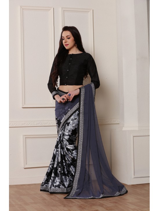 ZACS-608 STUNNING BLACK AND GREY PRINTED GEORGETTE READY TO WEAR SAREE