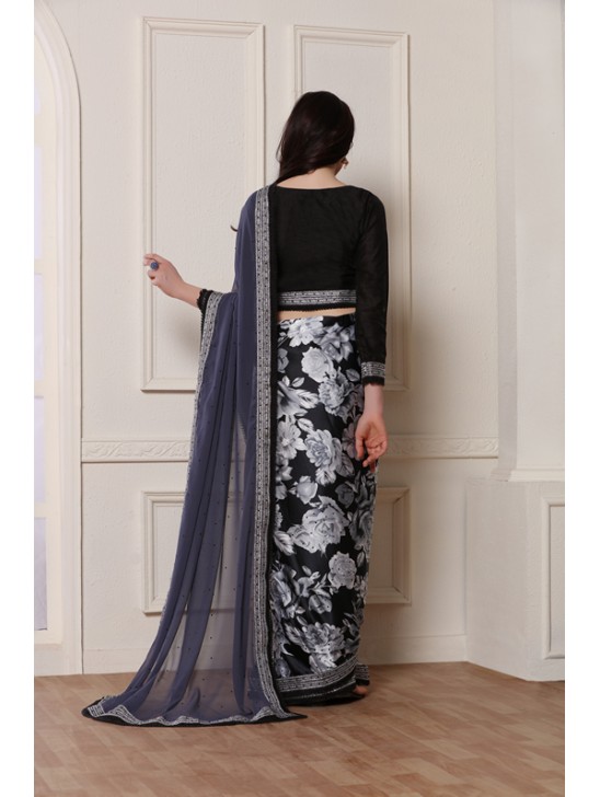 ZACS-608 STUNNING BLACK AND GREY PRINTED GEORGETTE READY TO WEAR SAREE