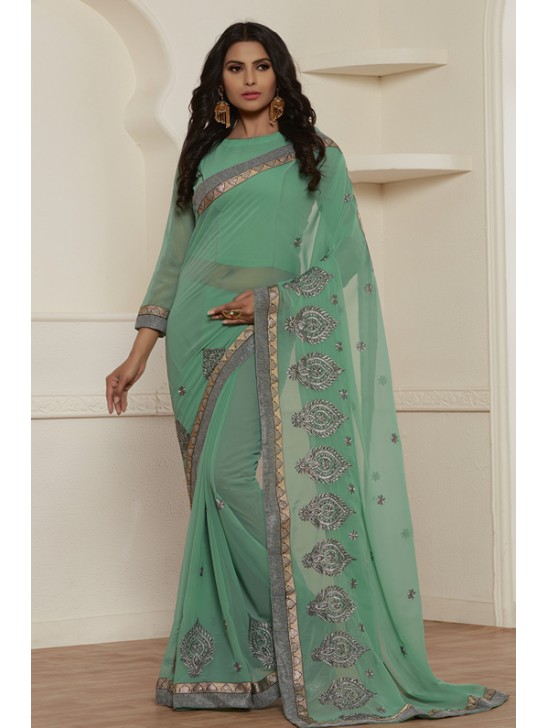 STUNNING SEA GREEN GEORGETTE PAKISTANI CASUAL WEAR SAREE