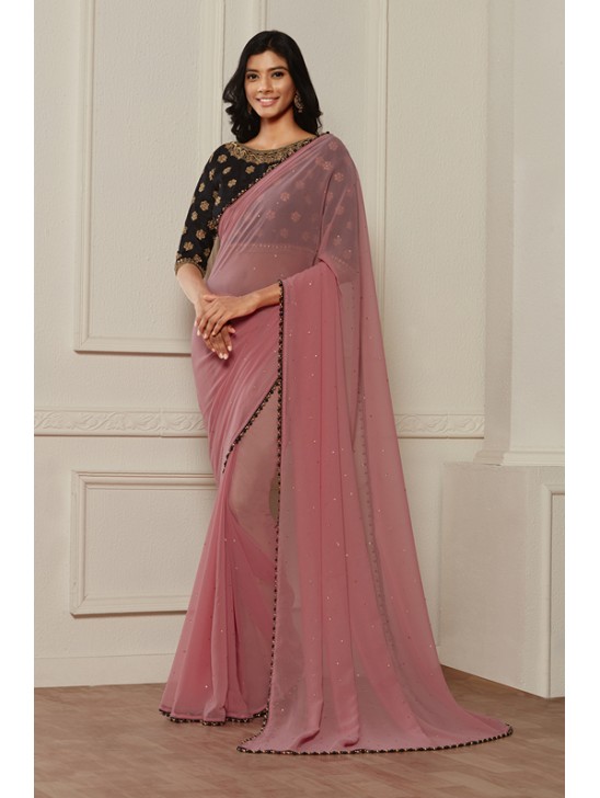 ZACS-610 PINK AND BLACK CONTRAST MATCHING BLOUSE READY MADE SAREE